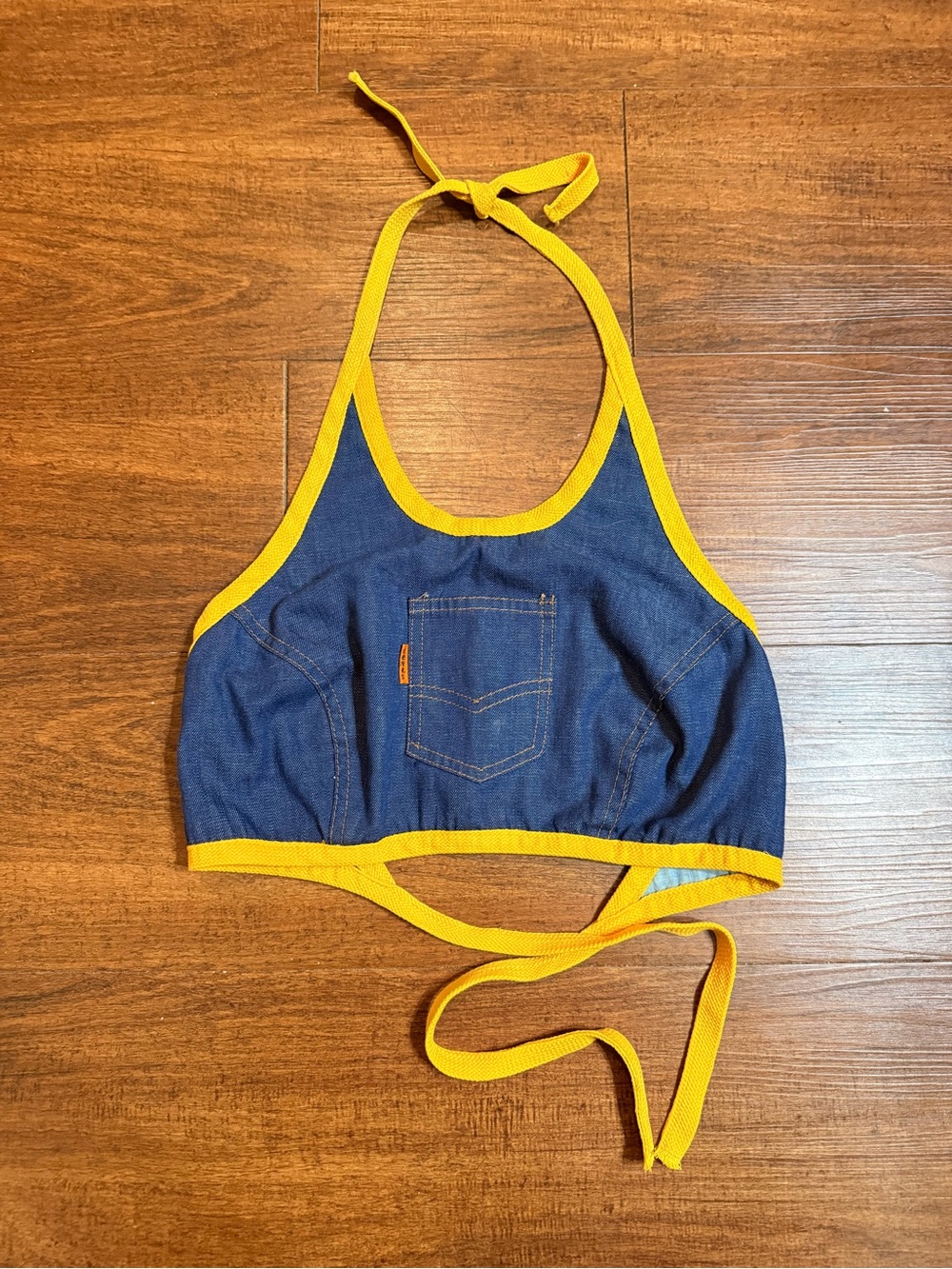 Vintage Levi’s orange tab- Denim Halter Crop Top with Yellow Trim